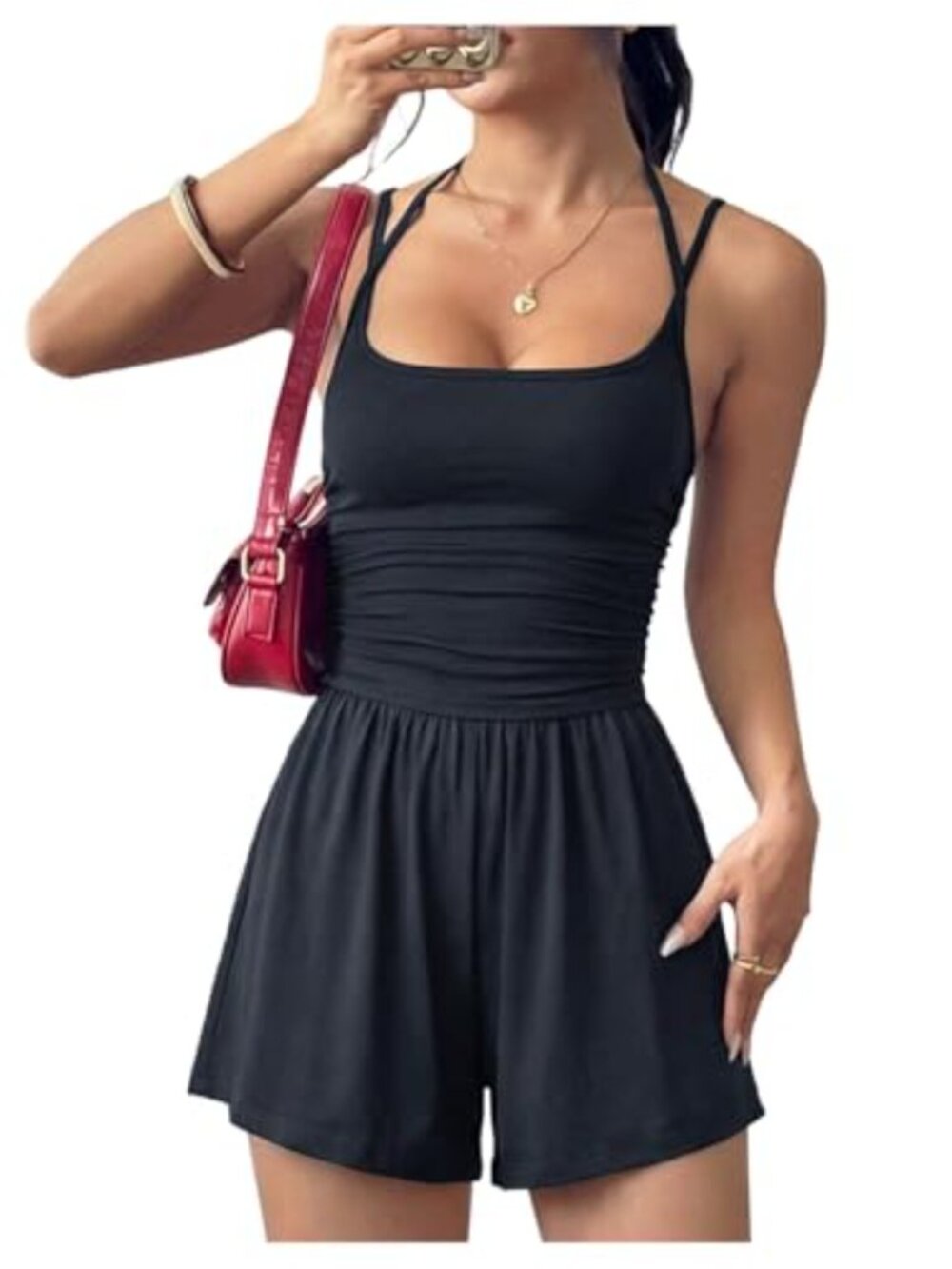 Sleeveless Ruched Spaghetti Strap Backless Wide Leg Short Romper Mini Jumpsuit